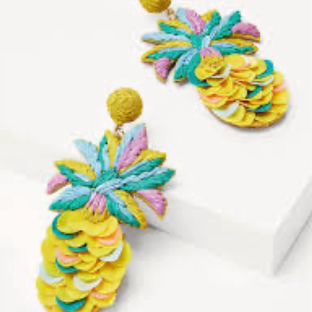 Boden Tropical Pineapple sequin beaded Statement Earrings